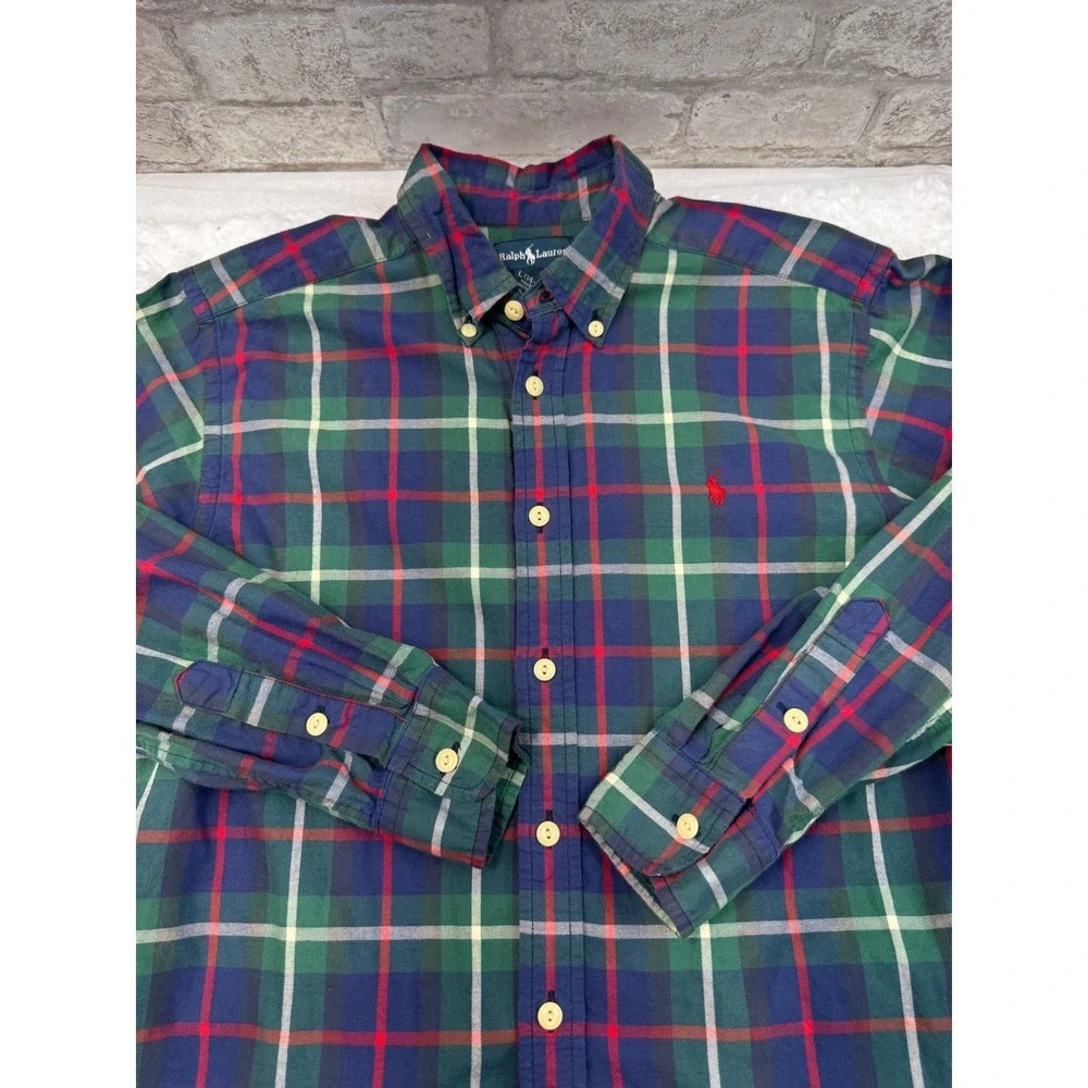 Ralph Lauren Plaid Button Down Shirt Boys Large 14-16 Embroidered Pony On Pocket